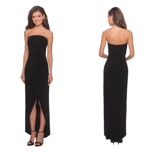 La Femme Strapless Ruched Jersey Faux Wrap Dress in Black Size US10 - NWT - Picture 1 of 14